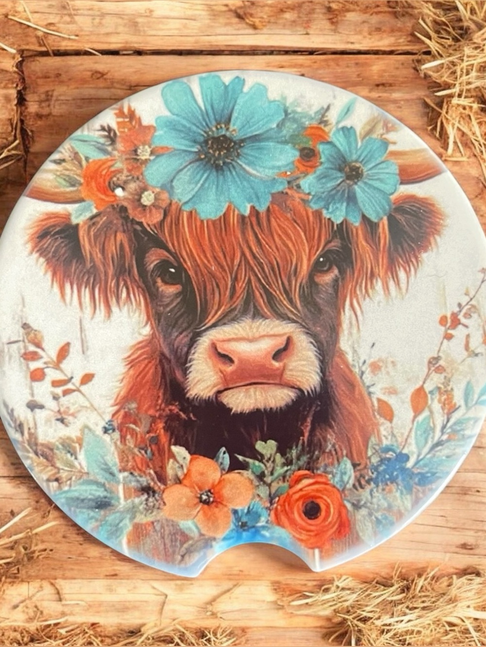 Floral Highland Cow Car Coaster - Turquoise & Orange (2 per pack)
